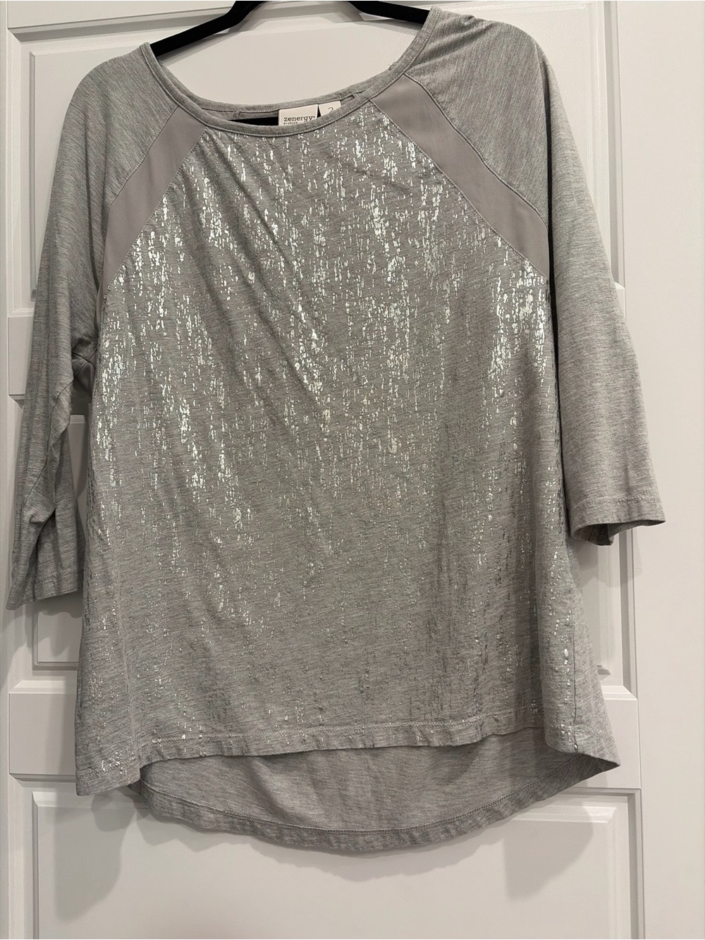 Chico's Silver Sequin Raglan Long Sleeve Top